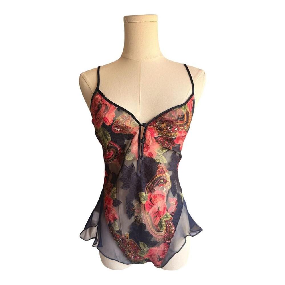 Vintage Victorias Secret Gold Label Sheer Mesh Floral Paisley Cami Teddy M